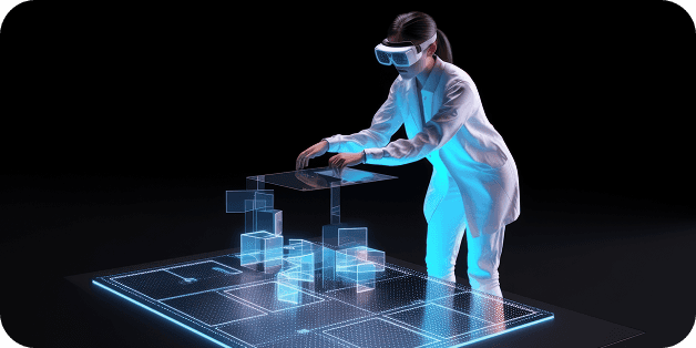 A person interacting with holographic 3D-blocks