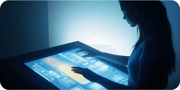 A person works on touch screen