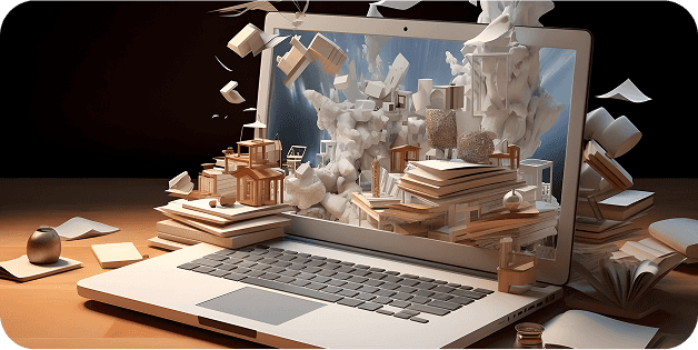 Sheets of paper fly out of the laptop screen